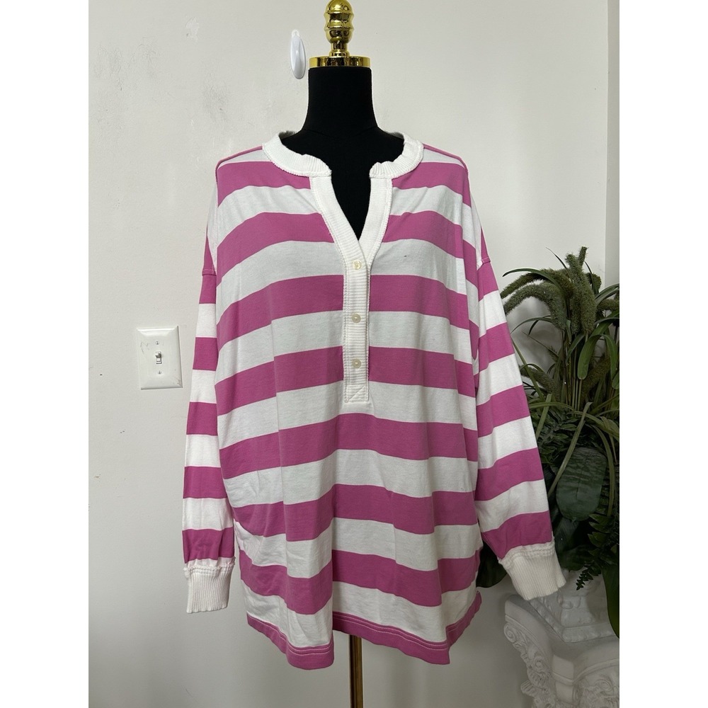 NWT Aerie Poolside Terry Henley L Pink White Striped Oversized Beach Coquette - Picture 2 of 6